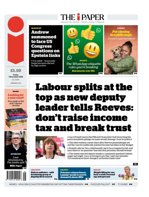don't raise income tax and break trust," reads the headline on the front page of the i Paper.