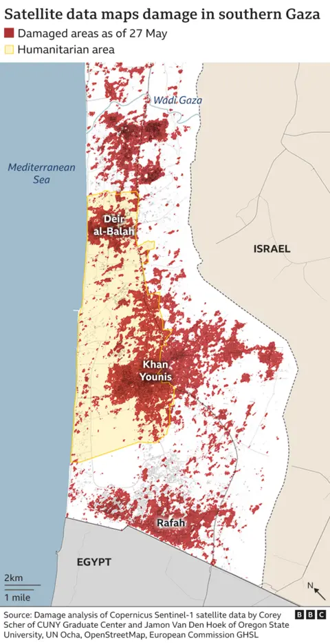 Map showing damage in the southern Gaza Strip