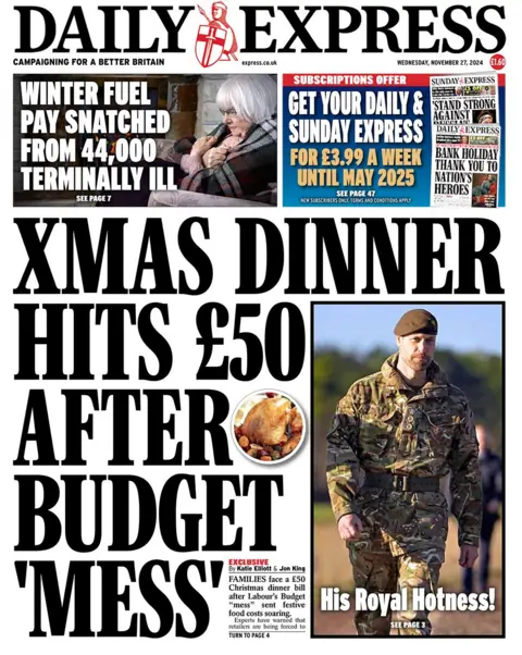 The headline in the Daily Express reads: "Xmas dinner hits £50 after Budget 'mess'"