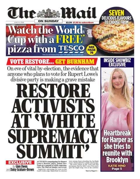The headline on the front page of the Mail on Sunday reads: "Restore activists at 'white supremacy summit'."