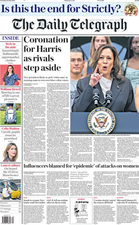 Daily Telegraph headline reads: Coronation for Harris as rivals step aside