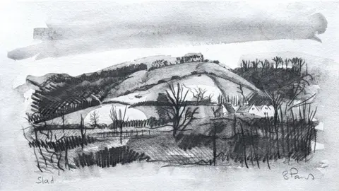 Bryan Panks A black and white hilly landscape with a couple of buildings in the background