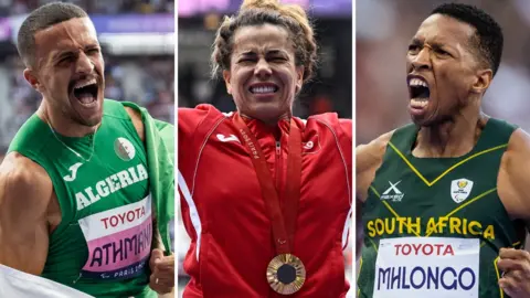 Skander Djamil Athmani, Raoua Tlili and Mpumelelo Mhlongo celebrate winning gold medals at the Paris 2024 Paralympic Games