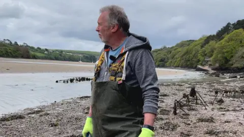 A person wearing waterproof waders, a hoodie, and bright gloves stands on a muddy shore beside shallow water, looking across an estuary. Around them are low racks or frames covered in seaweed, suggesting a shellfish or coastal farming area backed by green hills and trees.