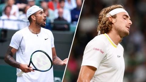 Nick Kyrgios and Stefanos Tsitsipas during their match at Wimbledon 2022
