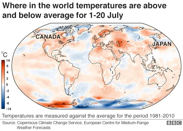 Map showing the countries where temperatures are above and below average for 1 to 20 July 2018