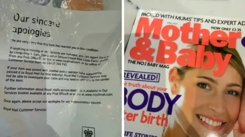 Paul Edwards A composite split image of an apology letter from Royal Mail on a crumpled plastic parcel, titled 'Our sincere apologies', next to a 2007 edition of Mother & Baby magazine.