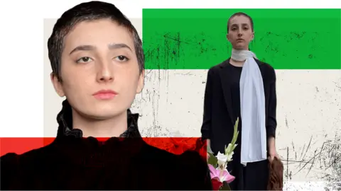 Roya Piraei Composite image Roya Piraei whose protest image of her holding her own hair with her head shaven next to her mother's grave went viral.