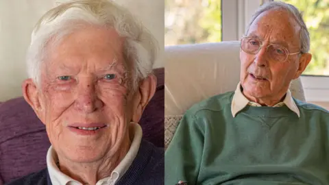 St John Ambulance and Rescue Two old gentlemen in a split photograph. On the left a head and shoulders shot of a man with white hair and blue eyes looks directly at the camera. On the right a man with short grey hair, wearing glasses and a green jumper sits in an amrchair. 