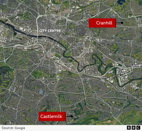 Satellite map of Glasgow showing the city centre in the middle-left and two highlighted locations on the outskirts. A red label marks “Cranhill” in the north-east of the city and another marks “Castlemilk” in the south.