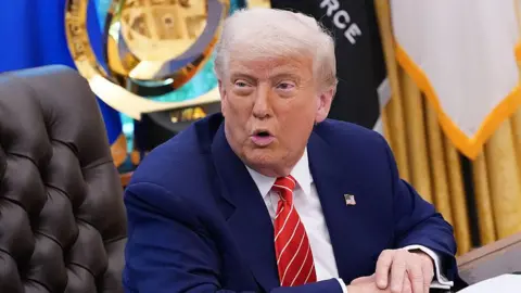 US President Donald Trump sits at a desk in the Oval Office of the White House.  He is wearing a blue suit with an American flag pinned to the lapel. 