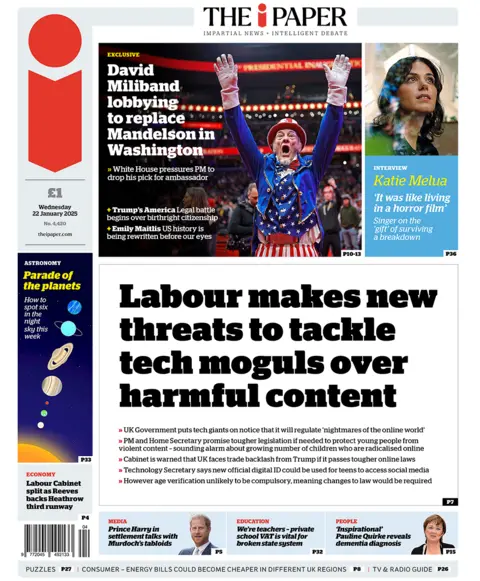 The headline in I reads: "Labor makes new threats to tackle tech moguls over harmful content", 