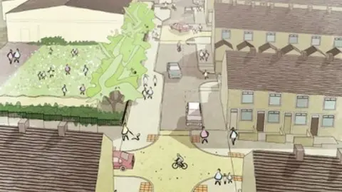 LCC An artist's impression of part of the Nelson scheme shows a coloured drawing with terraced houses to the right and a grassed area to the left. In the middle is a street with wide pavements, a couple of cars and a crossroads with a cyclist in the middle.