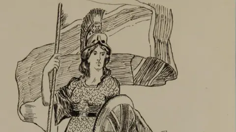 A sketch of Britannia, representative of the British armed forces, is adorned with a sword, shield, and flagpole whilst standing with one foot on the head of a slain beast, which represents Germany
