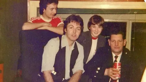 Ian McKerral, Paul McCartney, Josh Lang Brown and Tony Wilson after the recording of Mull of Kintyre in 1977