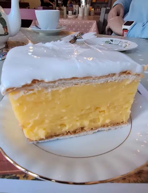 Dawn Fearn/ dawnietheexplorer A custard slice on a white plate. It comprises of a large block of yellow custard between two thin slices of puff pastry and a layer of white icing on top. 