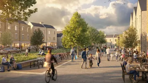 A sketch of the development completed with homes and shops, shows people sitting and having tea, walking by and cycling, on a cloudy but sunny day.