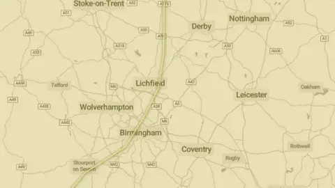 Met Office Map showing the extent of the Met Office warning. The yellow alert area runs from North Wales east as far as Stoke-on-Trent. It takes in Lichfield, Wolverhampton, Birmingham, Coventry and Warwickshire and down into Herefordshire and Worcestershire.