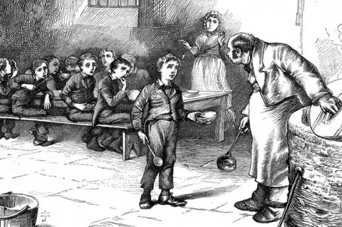 Universal History Archive/Getty Images Ink etching from the 1800s showing Oliver Twist asking for a second helping of porridge.