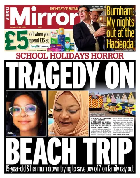The headline on the front page of the Daily Mirror reads: “Tragedy on beach trip".