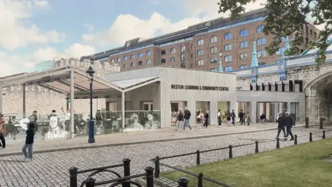Tower ofLondon CGI showing modern, low-rise concrete building and people walking around nearby