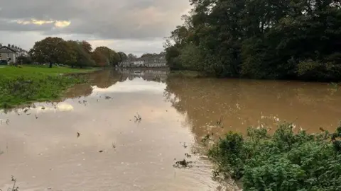 A large stream of brown muddy water is flooding an area of pastureland. The water stretches out to the houses in the distance. On the left is a grassy slope of pasture with flood water washing across.