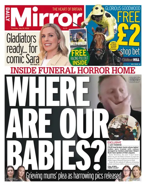 "Inside funeral horror home: Where are our babies?" reads the headline on the front page of the Daily Mirror. 