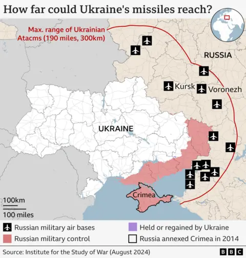 Map showing Russian military control in Ukraine and maximum range of US-made Atacms missiles provided to Ukraine