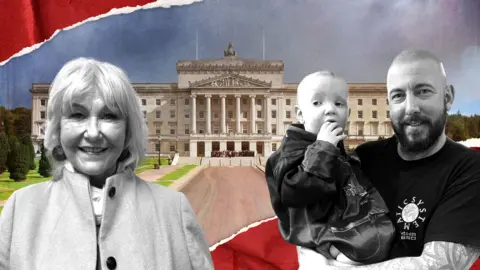 Composite image featuring Margaret McGuckin and Andy Reay with Stormont parliament buildings in the background