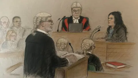 Julia Quenzler A court sketch showing a barrister addressing the court and Constance Marten in the witness box next to the judge
