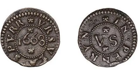 Noonans A picture of two sides of a coin. The image of the left has writing around the edge of the coin face with 1668 in the middle. The coin on the right also has writing around the edge and in the middle it reads VS.