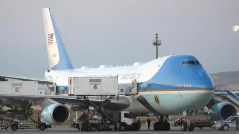 A view of the Air Force One plane in Turkey on July 8 with catering truck in the foreground