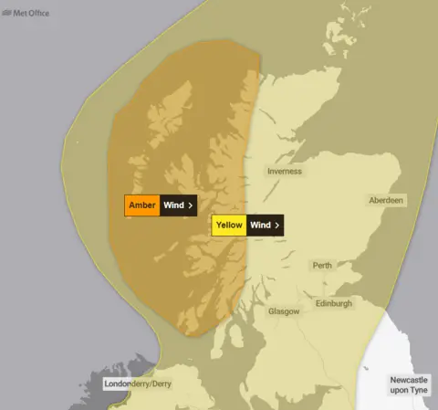 Met Office A Met Office map showing the yellow alert area covering the Northern Iels and the whole of Scotland as well as Northern Ireland. Withing the yellow area is a smaller amber alert shaded areas covering the Western Isles and western Scotland from Argyll to Cape Wrath. For both areas the warning for high winds