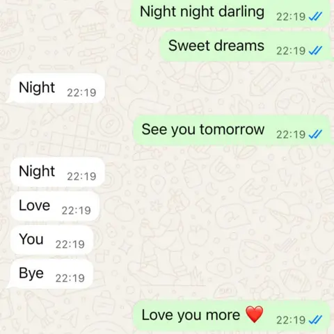 Whatsapp conversation messages saying, night love you bye