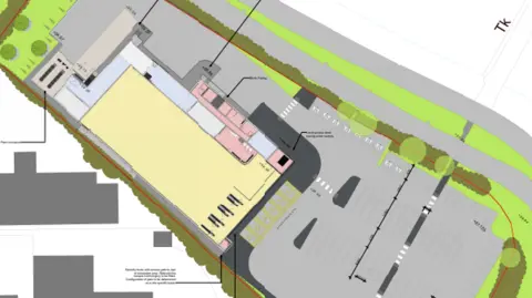 Lidl/Space Architects A CGI image giving a bird's eye view of the proposed Lidl store. It shows the entire site including the building and its car park and entrance.