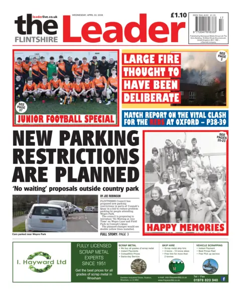 Flintshire Leader Front page of the Flintshire Leader. The headline reads 'new parking restrictions are planned'.