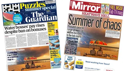 A composite image of the front pages of the Guardian and the Daily Mirror on 25 July 2026