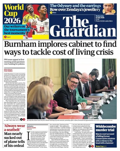 The headline on the front page of the Guardian reads: “Burnham implores cabinet to find ways to tackle cost of living crisis”.