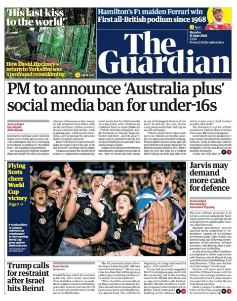 The headline on the front page of the Guardian reads: “PM to announce 'Australia plus' social media ban for under-16s”. 