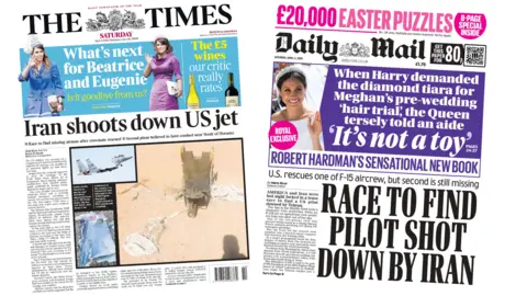 A composite image of the front pages of the Times and the Daily Mail. "Iran shoots down US jet" reads the headline of the former and "race to find pilot shot down by Iran" reads the headline of the latter.