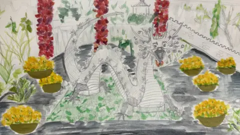 Royal Botanic Gardens, Kew A watercolour sketch of a dragon sitting above a pond with hanging red flowers, yellow blossoms in pots, and a leafy surrounding.
