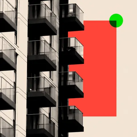 BBC A treated image of a modern apartment building with glass-fronted balconies. 