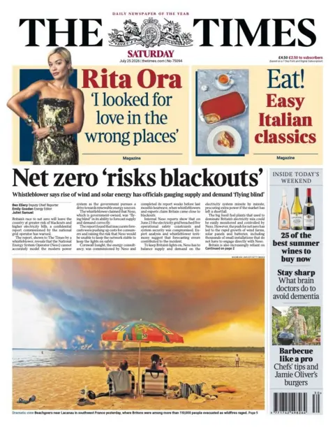 The headline on the front page of the Times reads: "Net zero risks blackouts."