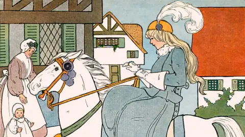 Getty A blonde lady in a yellow hat with a huge white feather, wearing a blue dress riding a white horse. A woman with a white apron and cap is walking beside the horse with a small child in a white gown and cap.