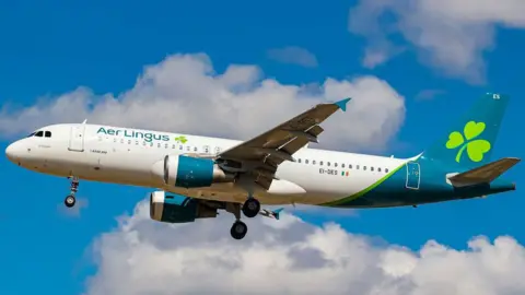 Getty Images An Aer Lingus plane flying. A bright blue sky and white clouds are in the background.