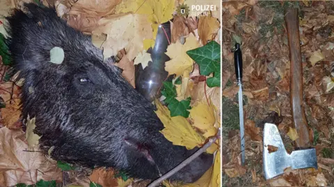 Berlin Police A composite image shows the decapitated head of a boar, left, with an axe and sharpening steel, right