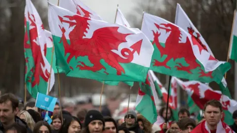 Getty Images People waving Welsh flags on St David's Day