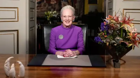 EPA Queen Margrethe II smiles during a television broadcast