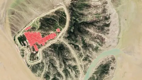 Getty Images Satellite picture showing the Bhashan Char island and the housing complex in it.