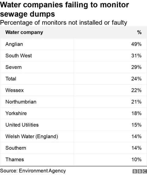 Chart showing water companies and monitor faults